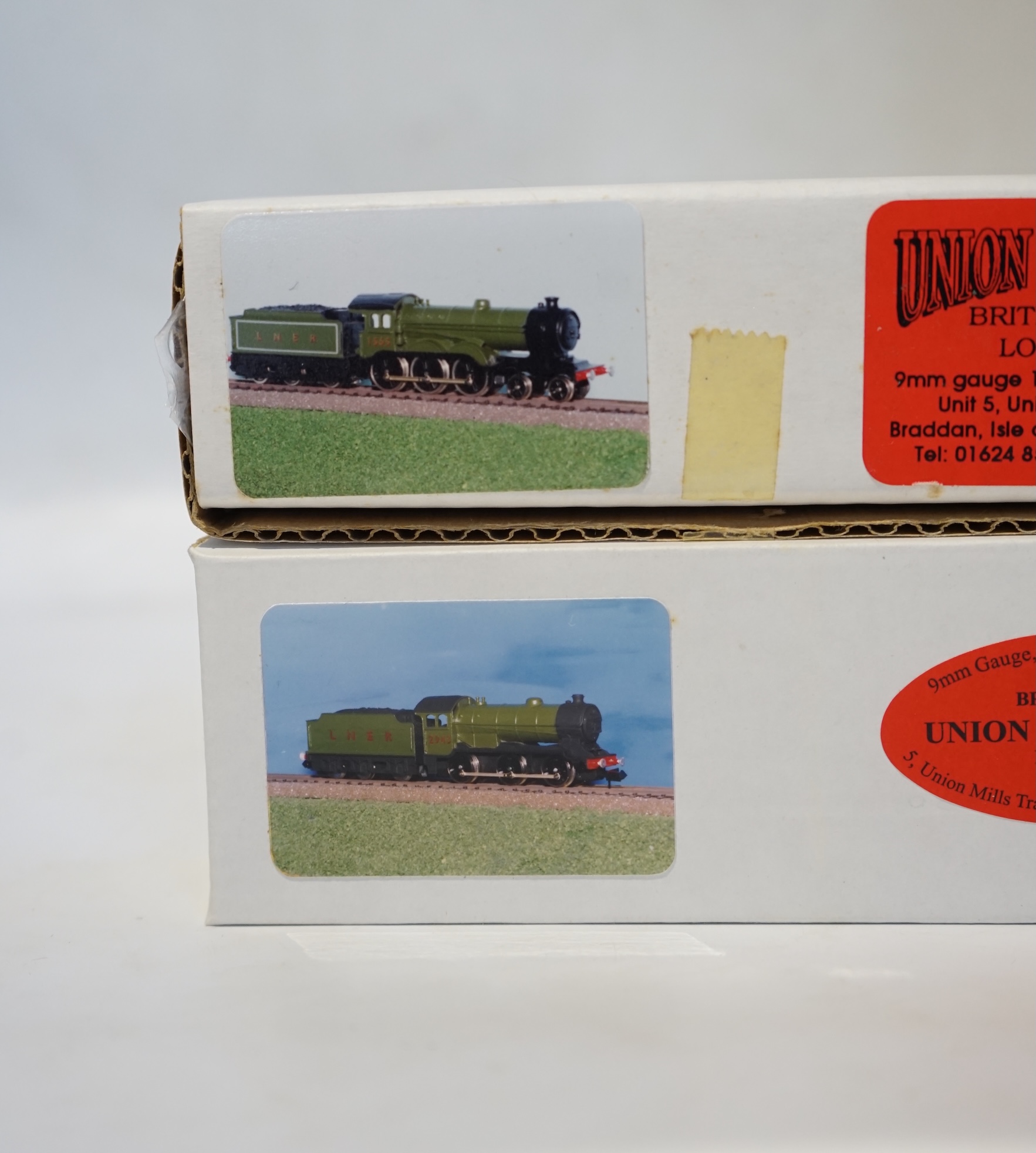 Two boxed Union Mills Models N gauge railway LNER locomotives; a Class B12, 1565, and a Class J39, 2943. Condition - good.